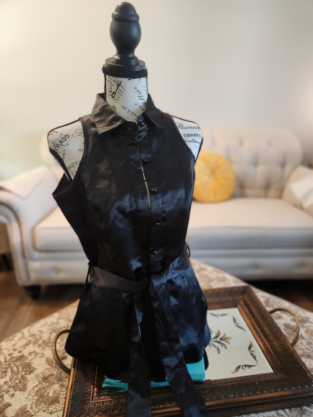 Satin Sleeveless Button-Front Waist Tie Top - Black